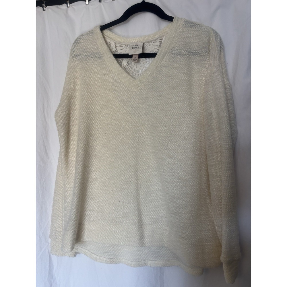 Knox Rose Sweater Womens Medium Off White Vneck‎ Loose Knit Lace Back JJ14